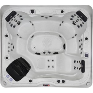 Weißer Canadian Spa Whirlpool Alberta mit Liege und mehreren Sitzen, Top-Ansicht.