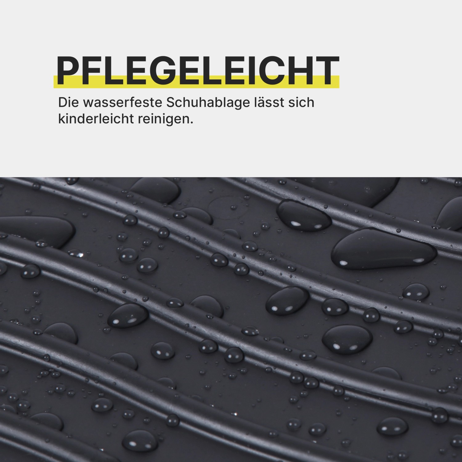 Bestlivings Schuhabtropfschale, 4er-Pack: Detailaufnahme der wasserabweisenden Oberfläche mit Noppenstruktur und Wassertropfen.