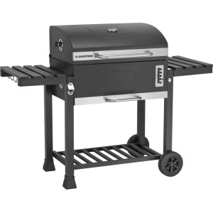 Jamestown Holzkohlegrill Jaxon XL, dunkelgrau, fahrbar, mit Deckel, Thermometer und Seitenablagen.