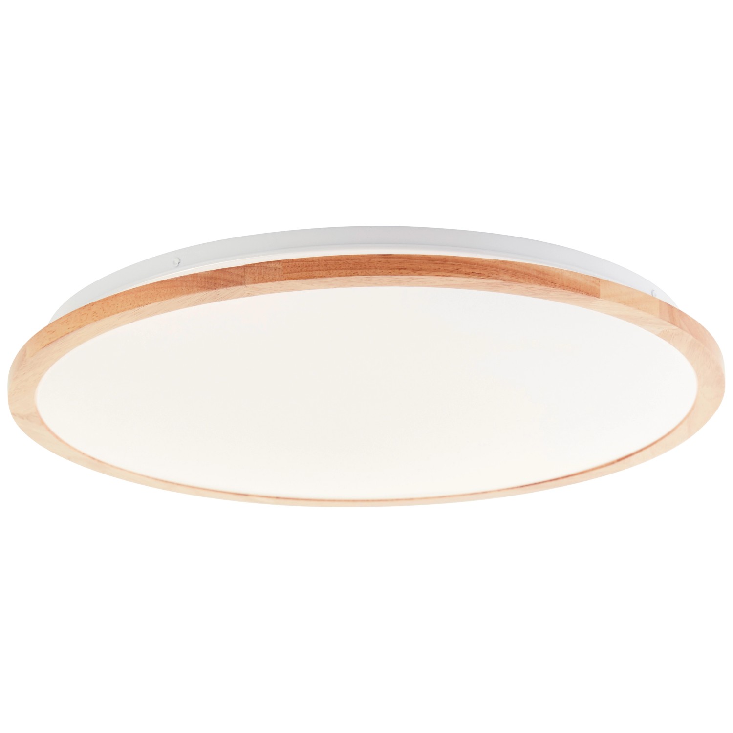 Weiße LED-Deckenleuchte Bario mit hellem Holzrahmen, Ø 52 cm, CCT-Funktion für variable Lichtfarbe.