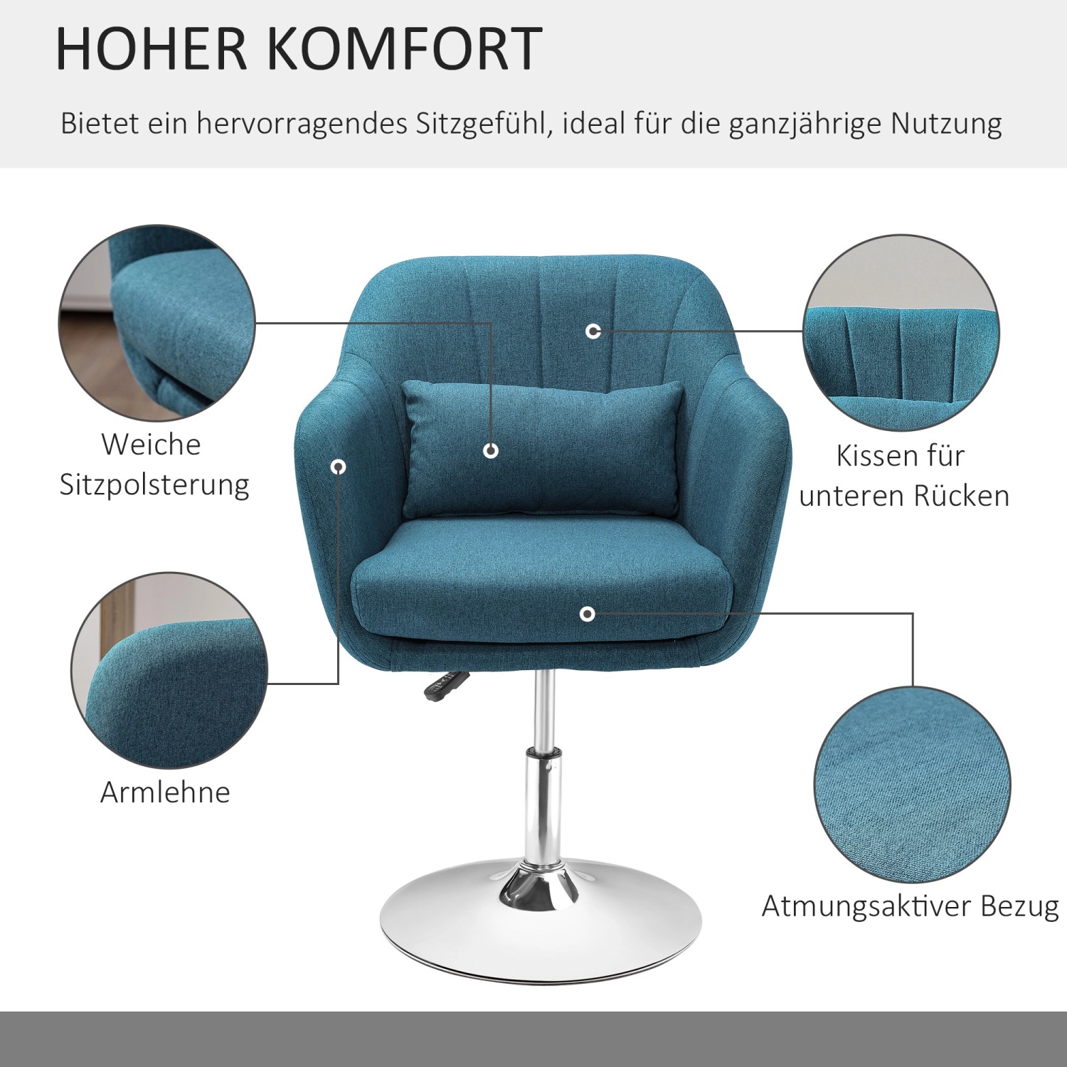 Hellblauer HOMCOM Loungesessel mit Armlehne und Lendenkissen für Wohnzimmer.
