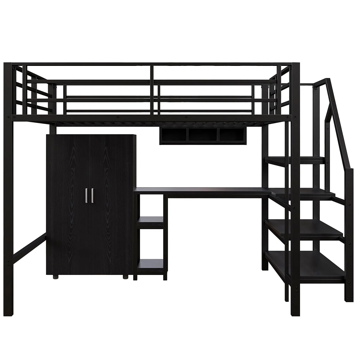 Merax Metall Hochbett 140x200 cm Mit Kleiderschrank Regalen Schreibtisch Schwarz