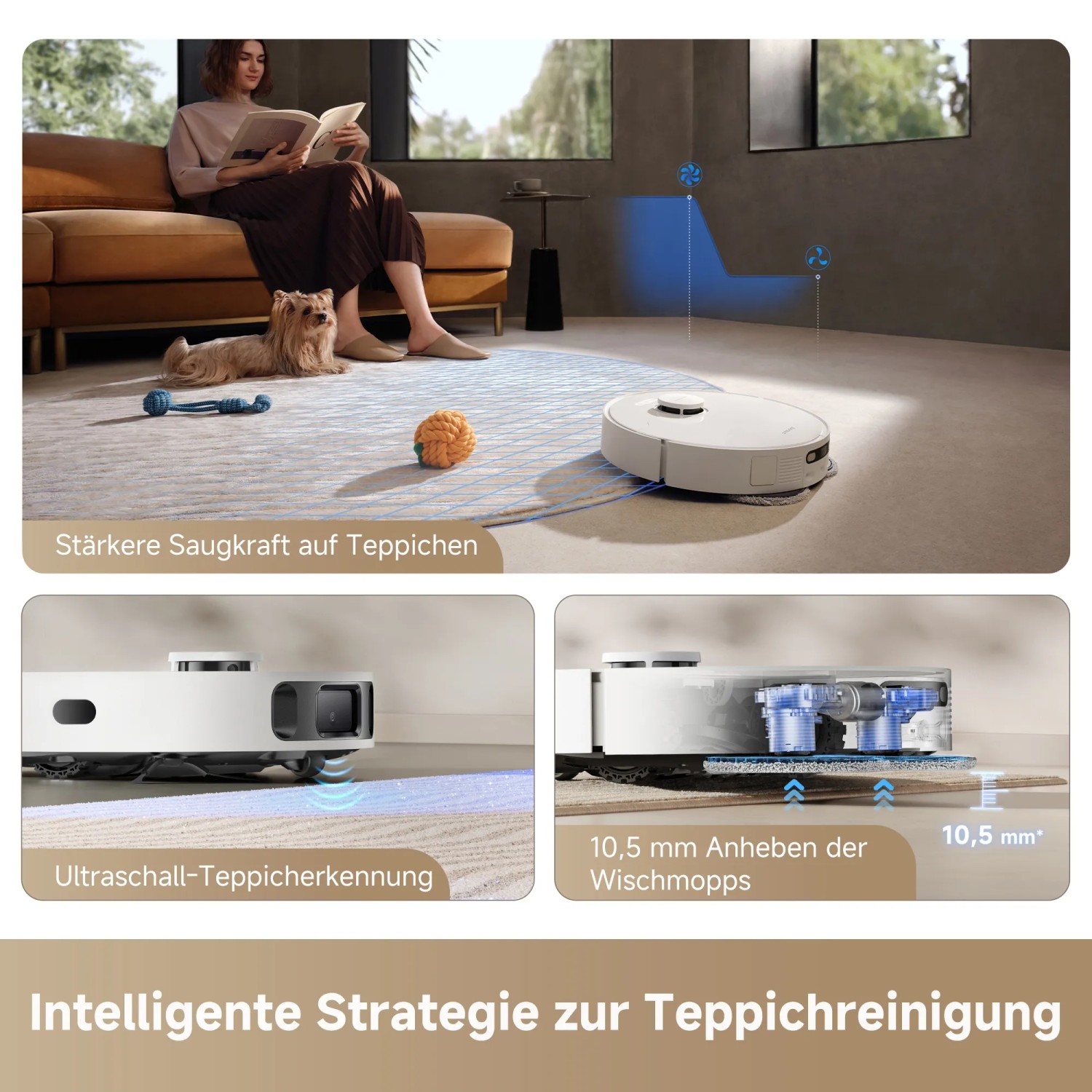 Dreame Saugroboter D20 Ultra in Aktion mit Teppicherkennung und Wischfunktion.