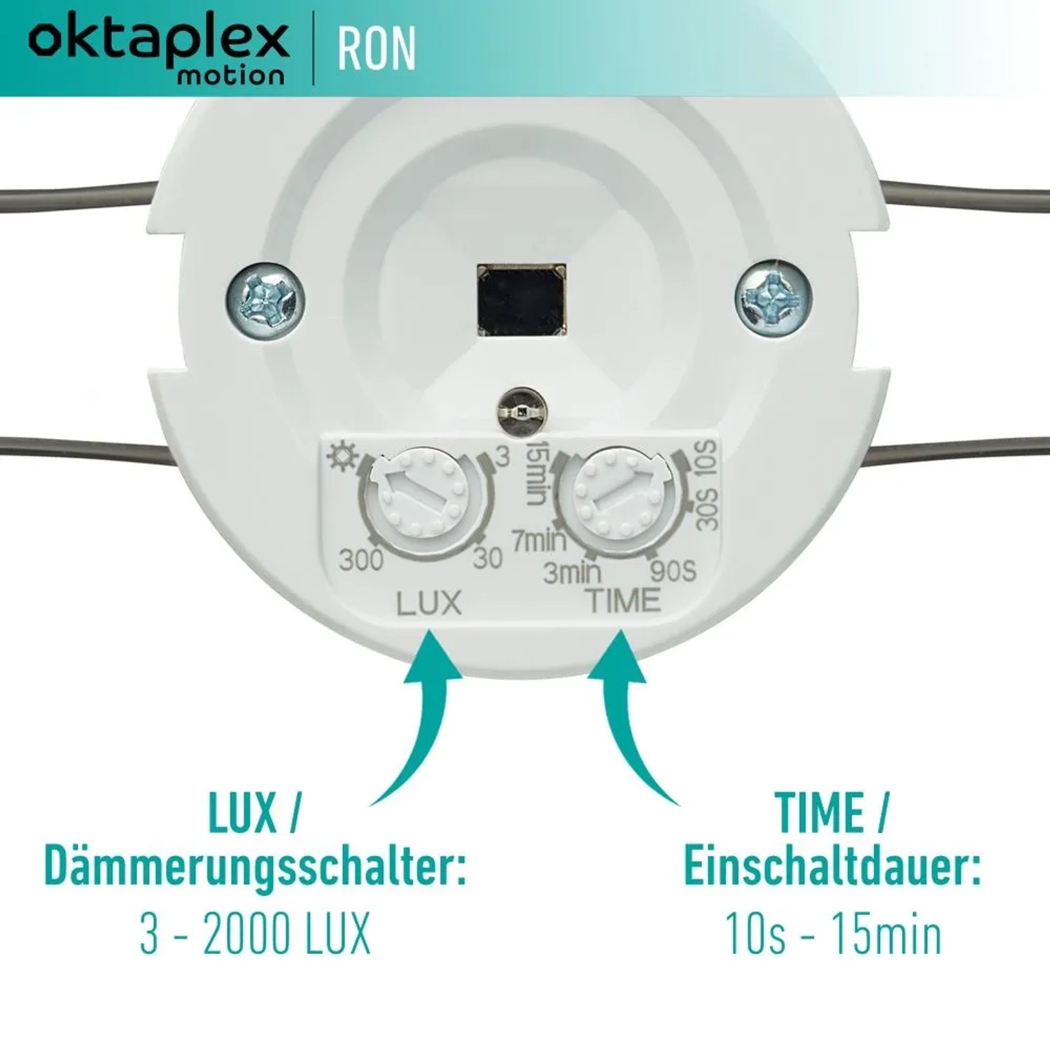 Oktaplex Ron Bewegungsmelder: Decken-PIR-Sensor mit Einstellreglern für Lux und Zeit.