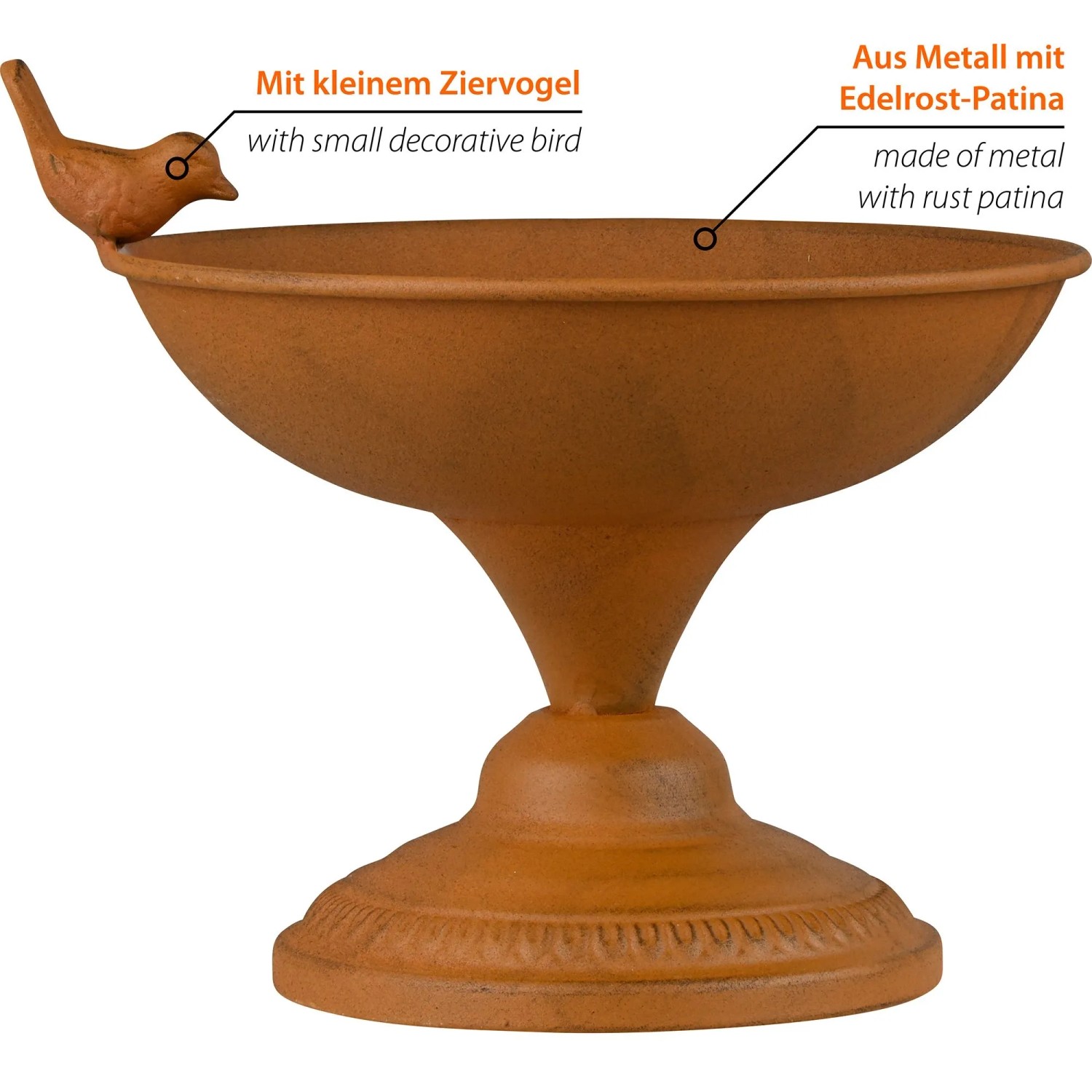 Dekorative Metall Vogeltränke mit Edelrost-Patina, ornamentiertem Sockel und kleinem Ziervogel.