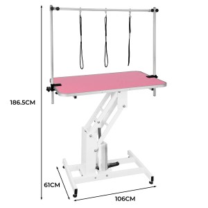 Hydraulischer Pflegetisch in Weiß mit rosa Tischplatte für die Hundefellpflege.