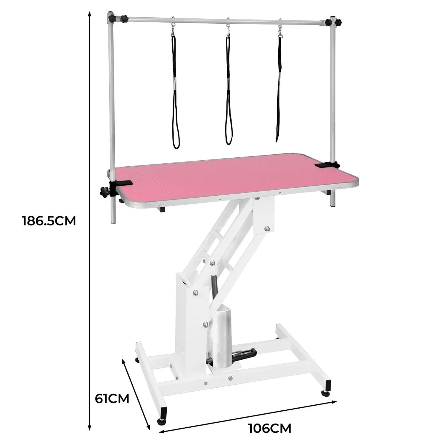 Hydraulischer Pflegetisch in Weiß mit rosa Tischplatte für die Hundefellpflege.