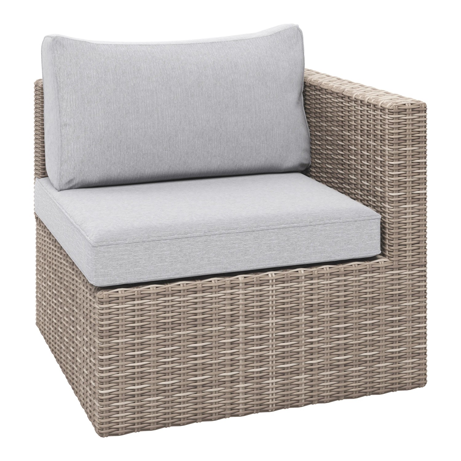 Balkonmöbel Sessel Olea Mini, Polyrattan hellgrau mit grauen Auflagen.