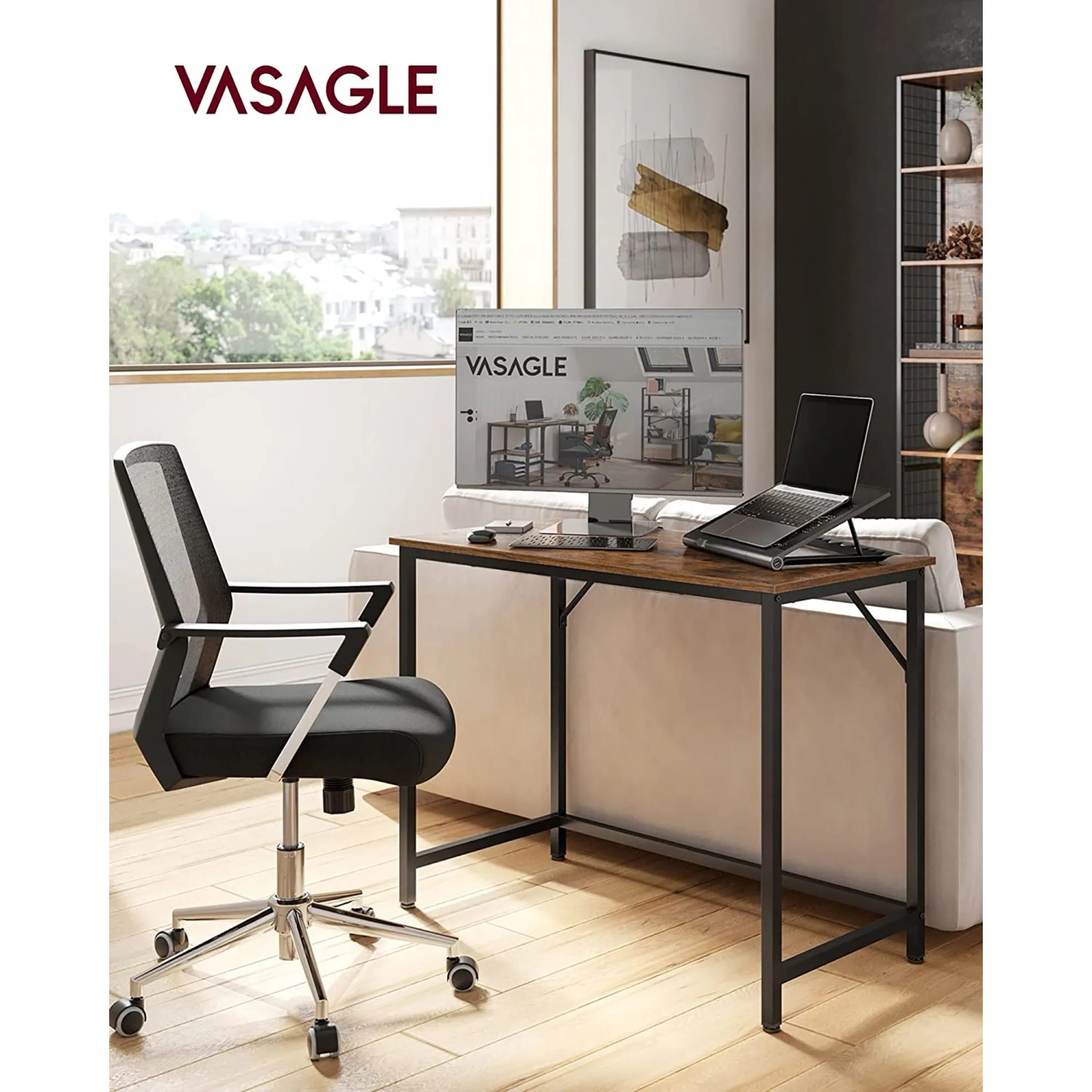 Vasagle Computertisch (Braun-Schwarz, 100x50 cm) mit Bürostuhl und Laptop in Arbeitszimmer.