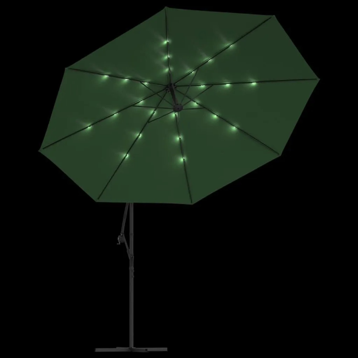 Grüner Ampelschirm 350 cm mit leuchtender LED-Beleuchtung und stabilem Metall-Mast. Perfekt für Garten und Terrasse.