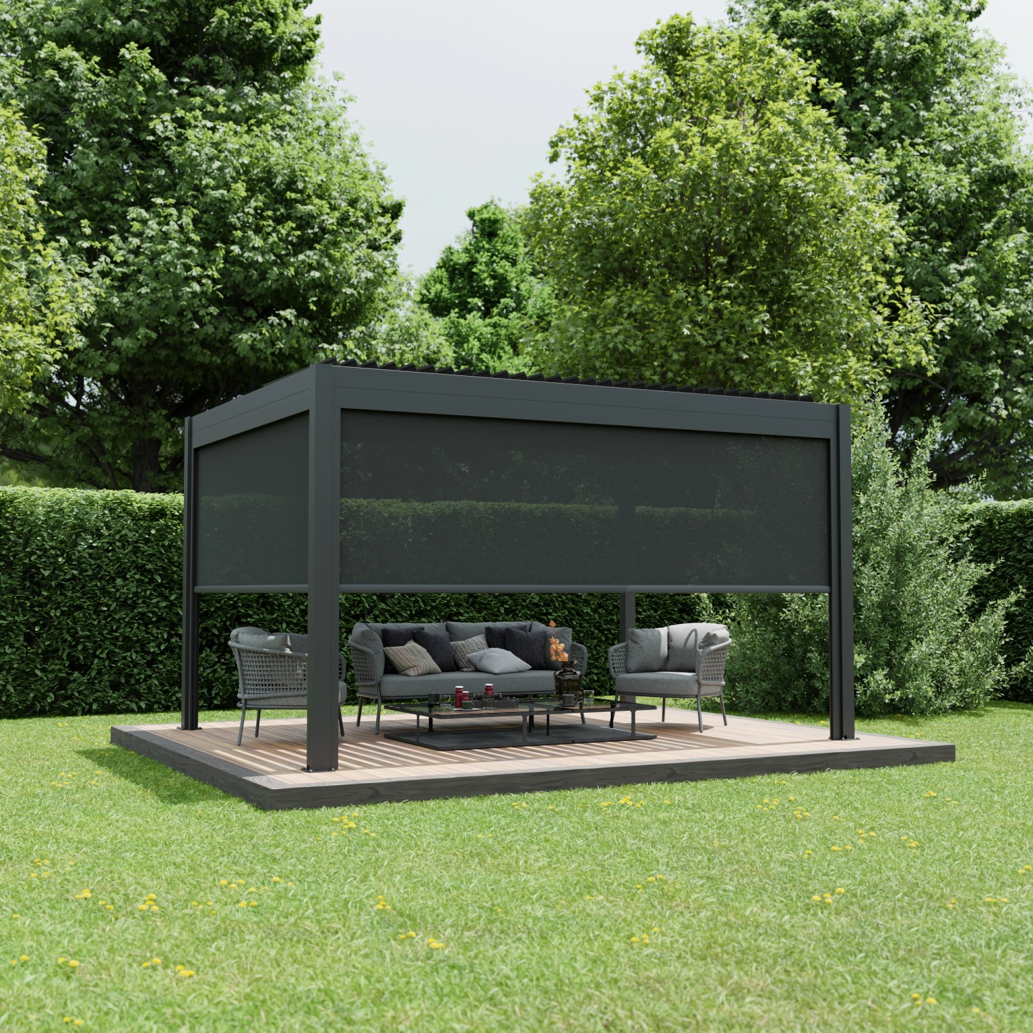 Ximax Seitenmarkise, dunkelgraue Aluminium Pergola mit heruntergelassener Markise und Sitzgruppe.