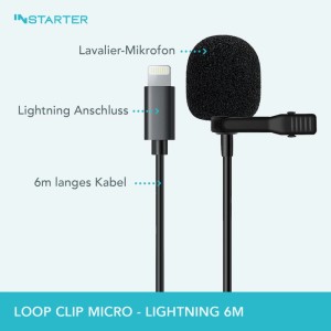 Instarter Lavalier Loop Clip Ansteck Mikro 360° Lightning 6M Windschutz Tasche