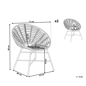 Beliani Gartenstuhl, naturfarben, beige, schwarz, 48x71x80 cm, Rattansessel im 2er Set mit Maßangaben.