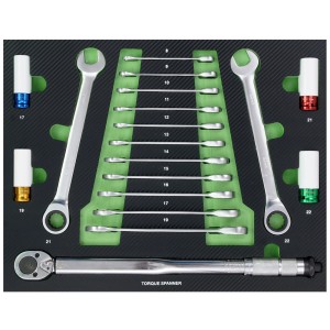 TRUTZHOLM Werkstattwagen Einlage mit Knarren, Ring-Maulschlüsseln, Drehmomentschlüssel und Felgennüssen.