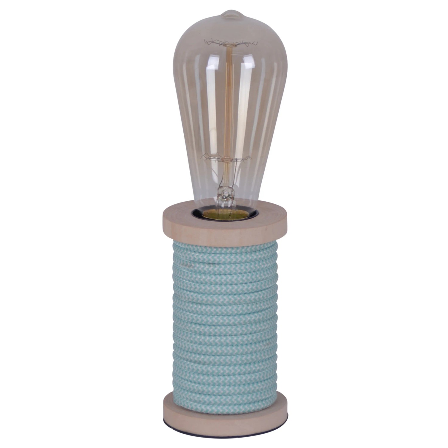Türkis-weiße Näve Tischleuchte Max, 12 cm, im Design einer Garnrolle mit dekorativer Glühbirne.