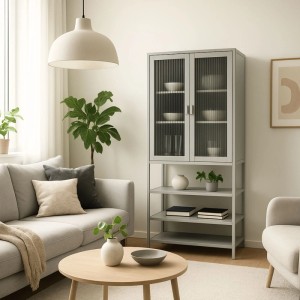 Osoltus Vitrine im Industrial Design mit Riffelglas und Stahl, warmgrau, 60x35x146 cm.