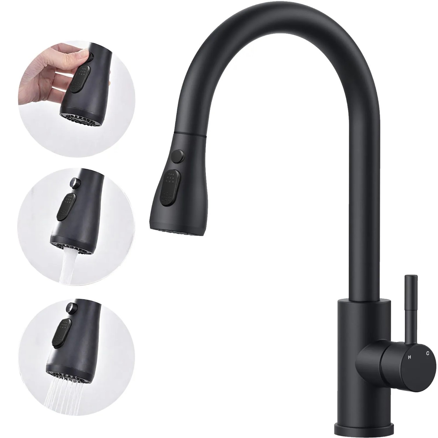 AICA Küchenarmatur Ausziehbar Wasserhahn Küche Zwei Wasserauslassmodi Mischbatterie 360° Drehbar Einhand-Spültischarmatur Schwarz Matt