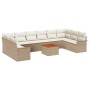Beiges 11-teiliges Garten-Sofa-Set aus Rattan mit Tisch und Kissen.