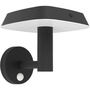Schwarze Eglo Solar LED-Wandleuchte Dreoli mit Sensor für den Außenbereich.