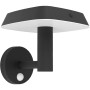 Schwarze Eglo Solar LED-Wandleuchte Dreoli mit Sensor für den Außenbereich.