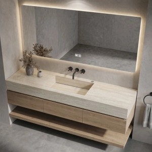 Modernes 360Home Badmöbel Set: Sinterstein Waschtisch in Travertine-Optik, Holz-Unterschrank, beleuchteter Spiegel.