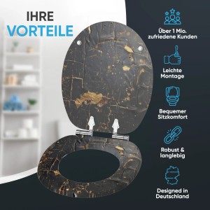 SANILO WC-Sitz Shield mit Absenkautomatik, Holz, dunkles Marmor-Design.