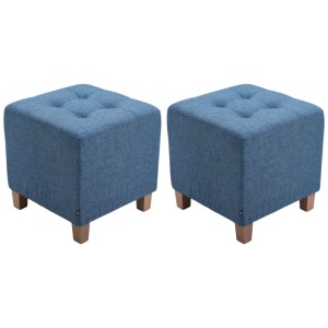 Zwei blaue, quadratische Sitzhocker Pharao im Set, aus Stoff mit gesteppter Oberfläche und Holzbeinen.