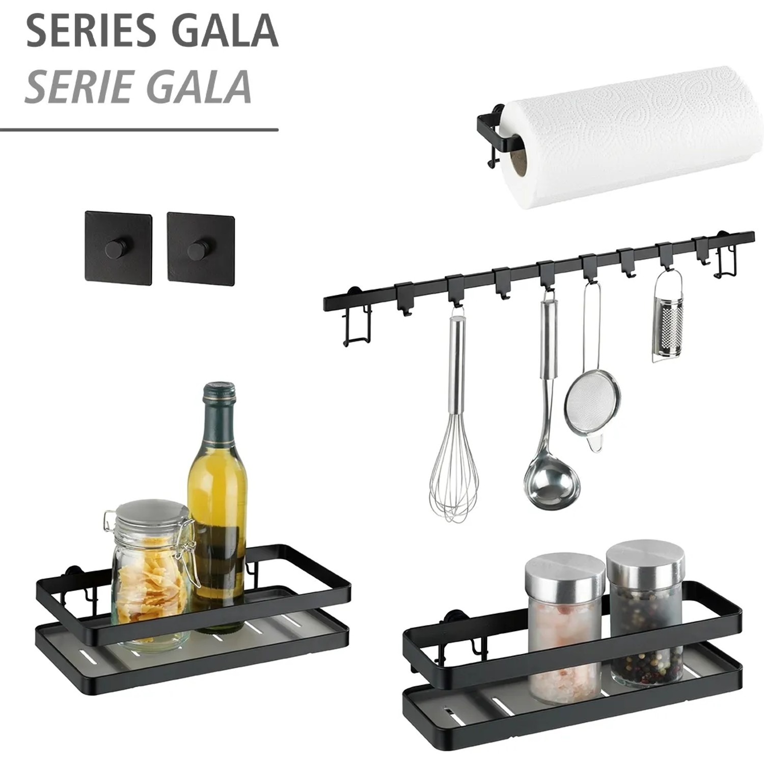 Wenko Multifunktionsregal Gala mit Haken, Küchenrollenhalter und Ablagen in Schwarz.