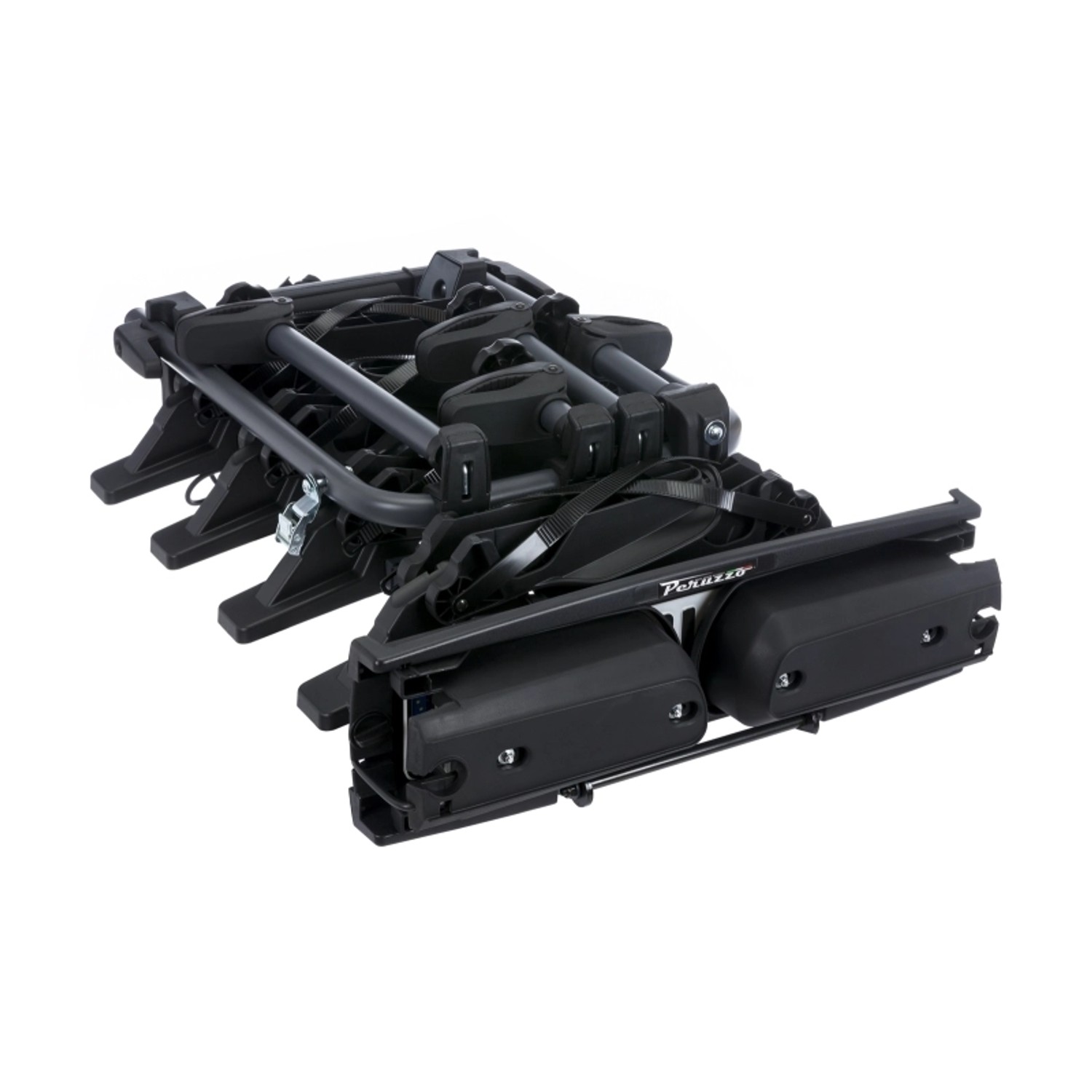Zusammengeklappter Peruzzo Fahrradträger Pure Instinct für 4 Fahrräder, ein Kupplungsträger aus Stahl und Kunststoff.