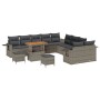 Graues 13-tlg. vidaXL Garten-Sofa-Set mit Tisch und Hockern aus Poly Rattan mit Stauraum.
