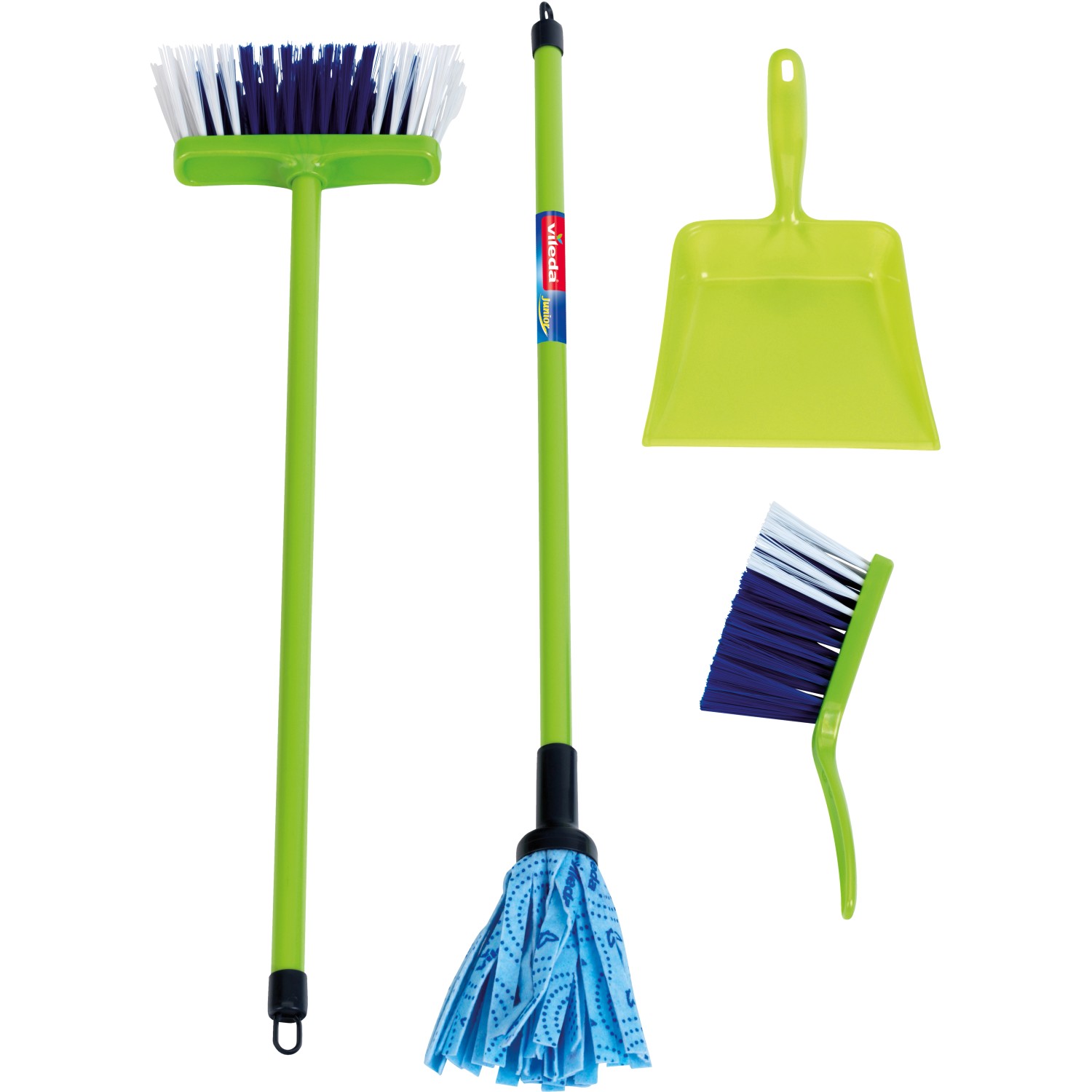 Vileda Wischmoppset Grün für Kinder: Besen, Mopp, Kehrblech und Handfeger im Set.