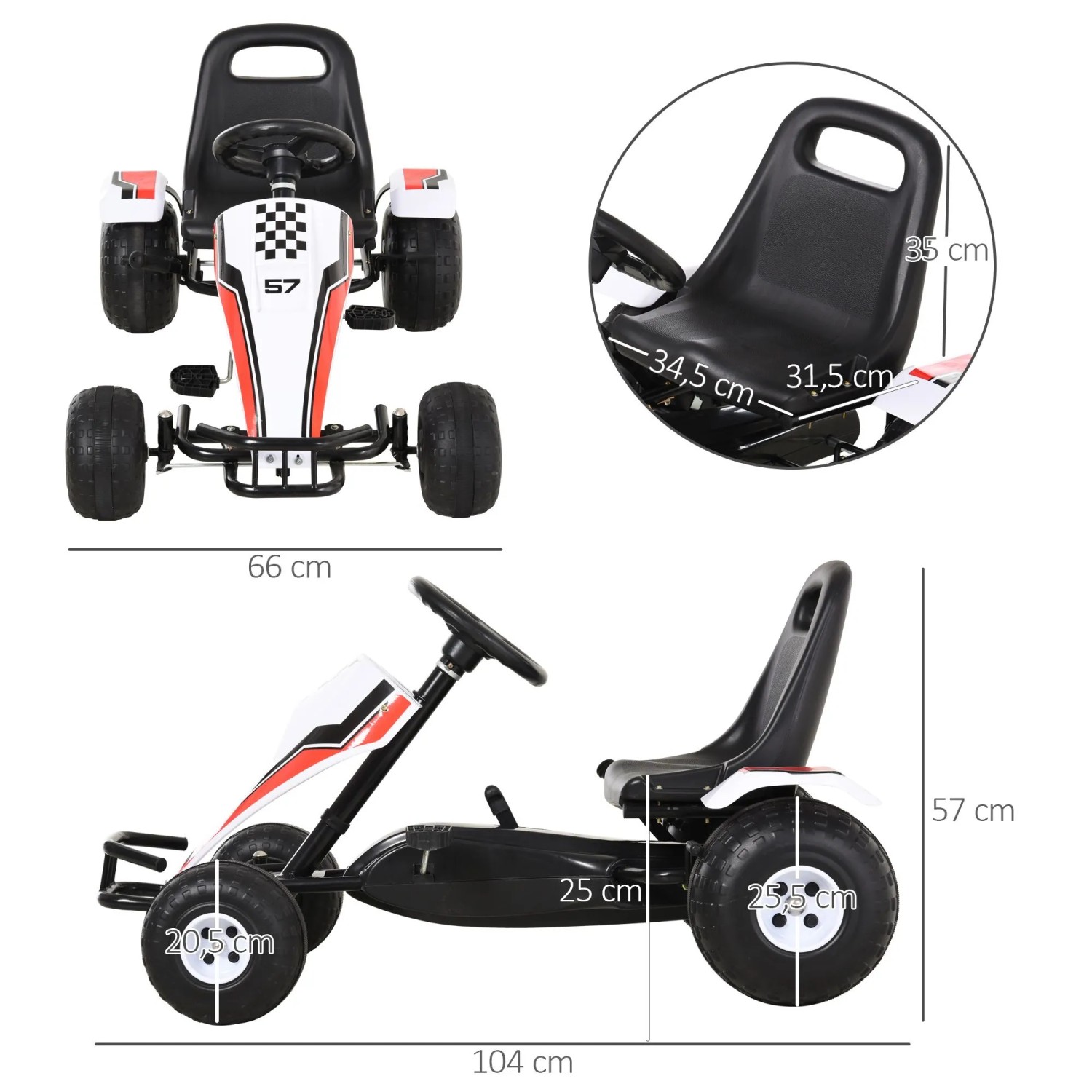 Weißes HOMCOM Go Kart Kinderfahrzeug mit Pedalantrieb, Bremsen, Renn-Design und verstellbarem Sitz.