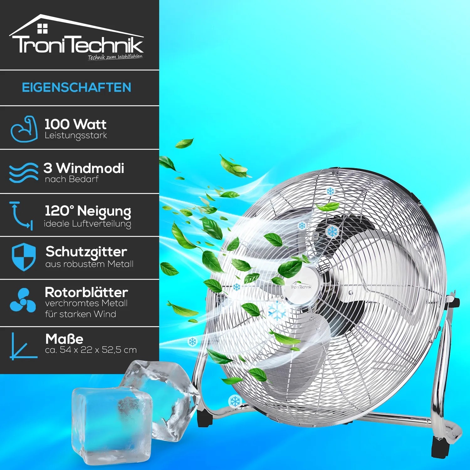 TroniTechnik Bodenventilator Windmaschine, 100W, ⌀45cm, drei Geschwindigkeitsstufen für erfrischende Luftzirkulation.