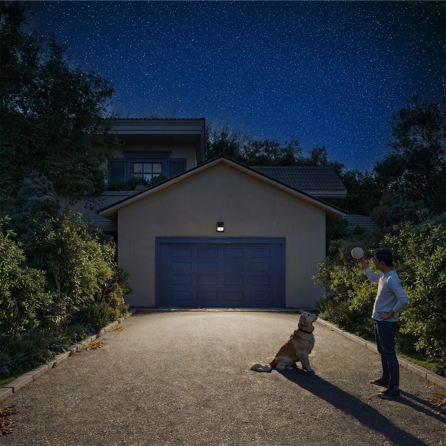 Schwarze Philips Solar-LED-Wandleuchte Fyns beleuchtet Hof mit Mann und Hund bei Nacht.