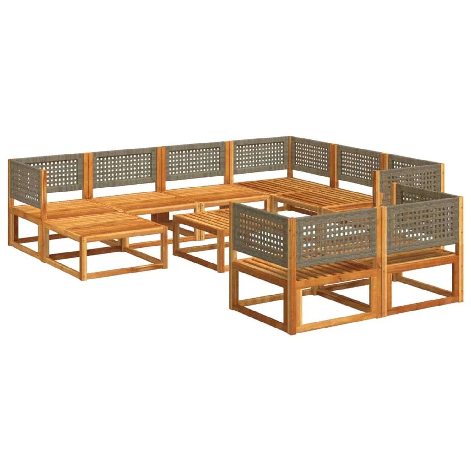 10-teilige Garten-Sofagarnitur aus Akazienholz mit grauen Kissen und Rattan-Details.