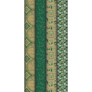 Vier Rollen Clairefontaine Geschenkpapier Kraft mit Weltkarte, Sternen, Briefmarken und Blumenmustern.