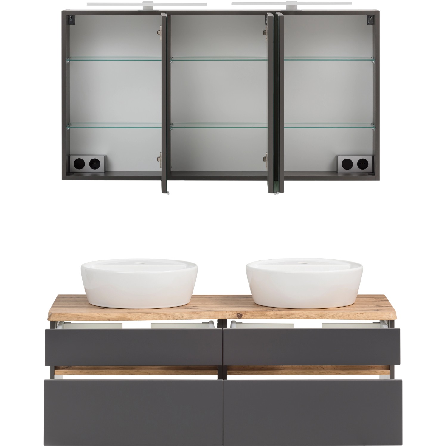 Held Möbel Doppelwaschtisch-Set Trient, 120 cm, grau/Wotaneiche mit Aufsatzbecken und Spiegelschrank.