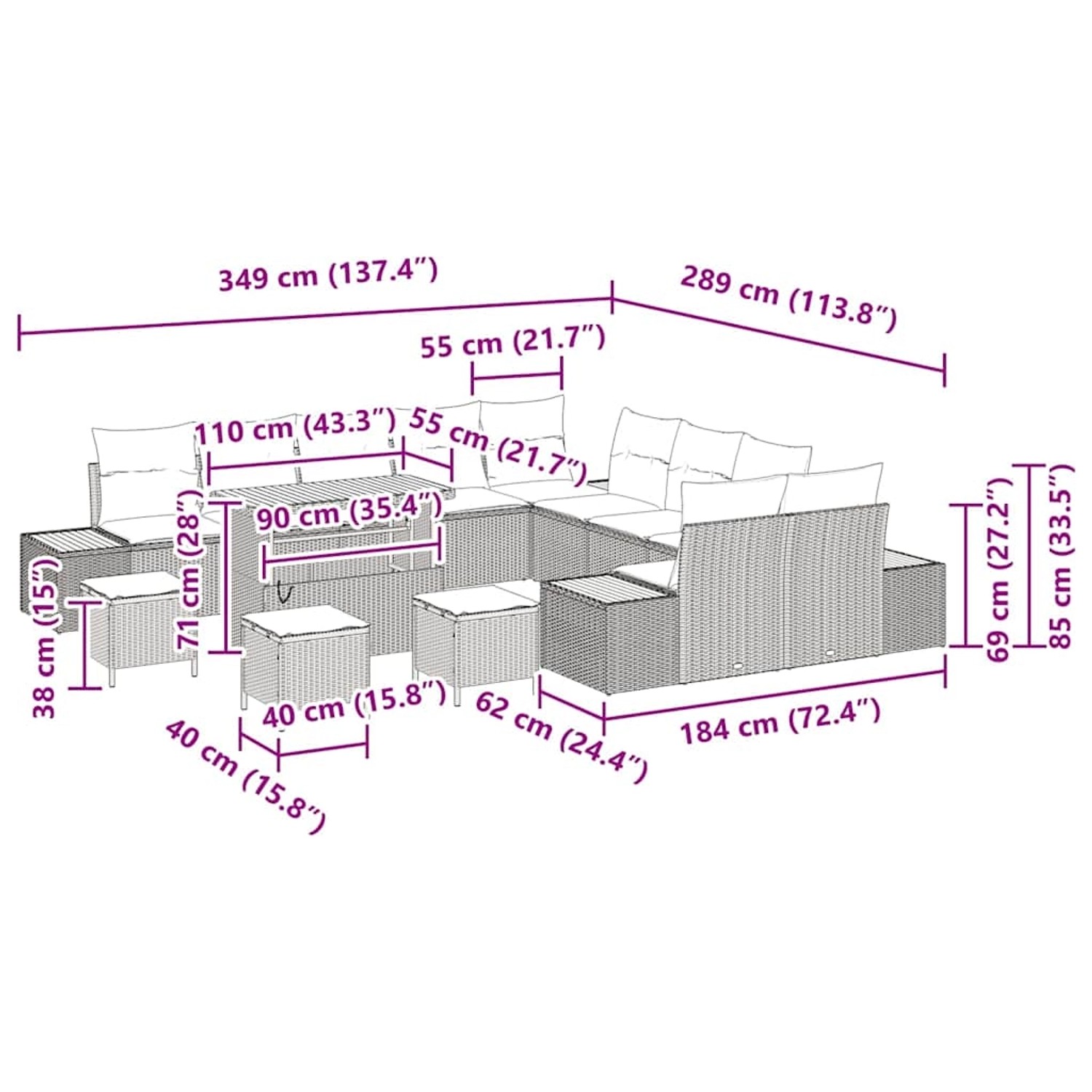 vidaXL Garten-Sofa-Set, 14-teilig, beige Poly Rattan, mit Maßen und Abmessungen.
