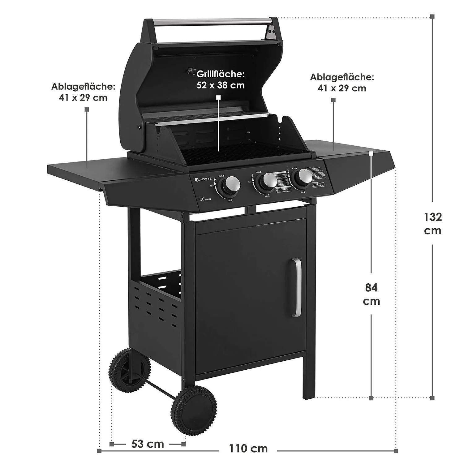 Juskys BBQ Gasgrill Louisiana mit 3 Brennern, Grillfläche 52x38 cm, Seitenablagen und Abdeckplane.