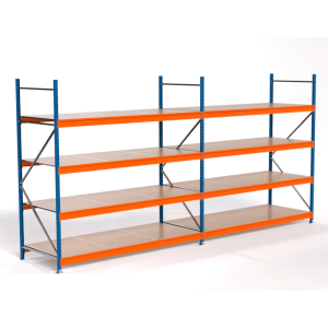 PROREGAL Weitspannregal MAXIMUS PRO Komplettregal mit 4 Spanplatten-Fachböden, blau/orange.