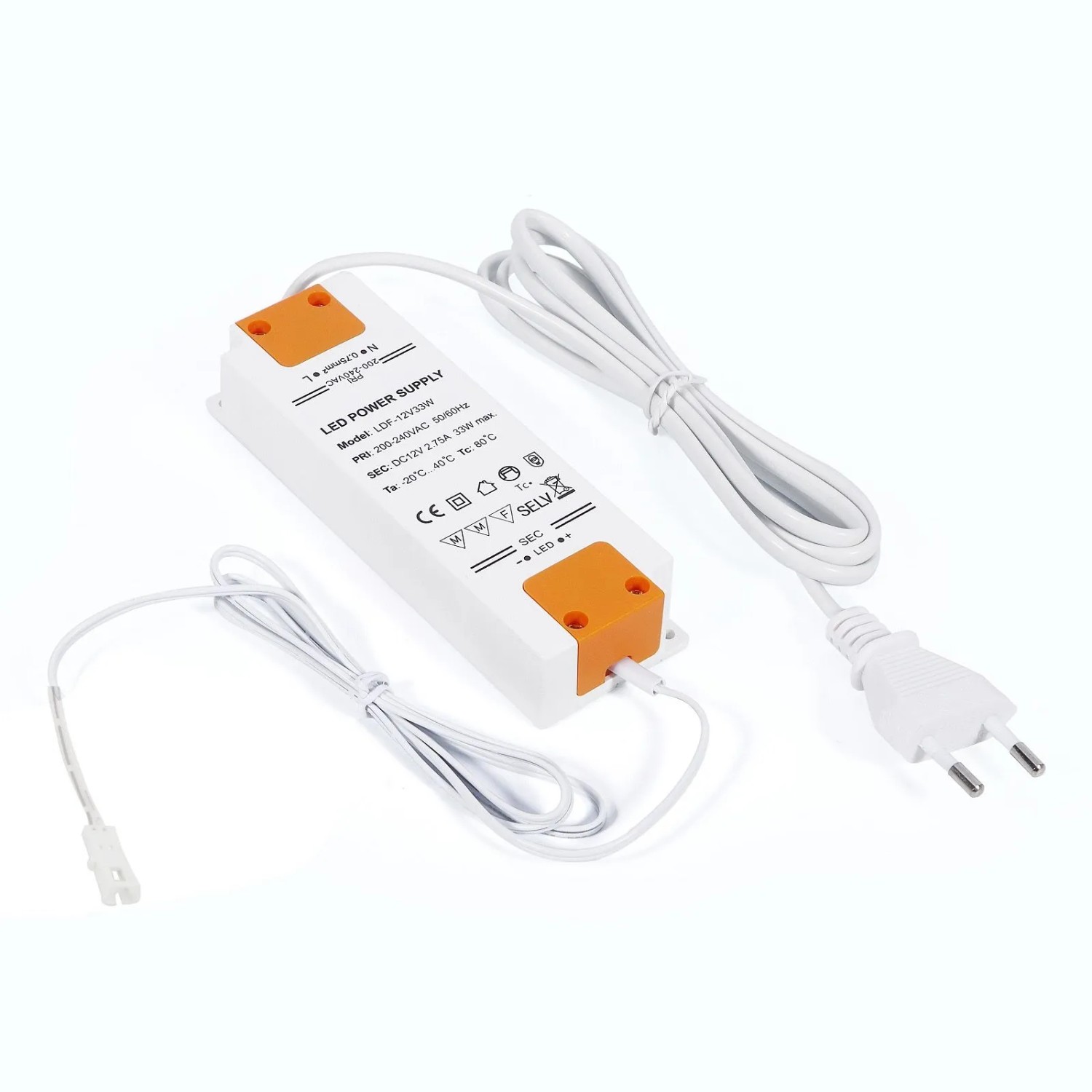 Weißer LED Transformator für SOTECH Giulia II Unterbauleuchten. Mit orangefarbenen Akzenten, Eurostecker und Kabeln.