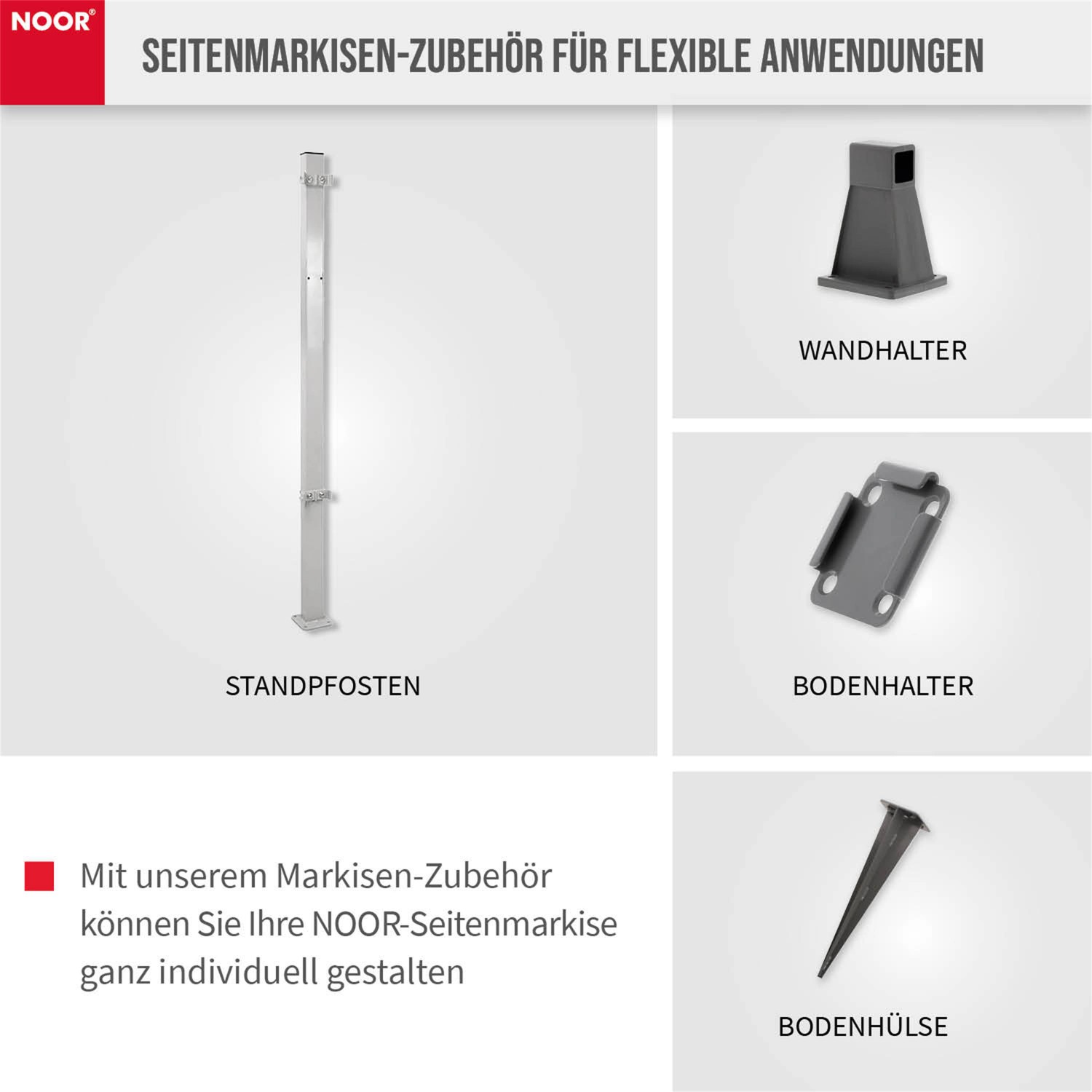 Noor Zubehör für Seitenmarkise: Bodenhülse, Wandhalter, Bodenhalter, Standpfosten.