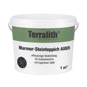 Terralith Marmor Steinteppich Contrasto Tre für 1 m² Außen. Eimer mit dunklen Marmorkieseln.