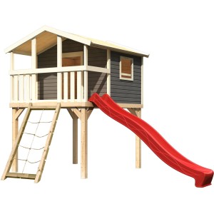Karibu Stelzenhaus Benjamin, terragrau, mit roter Rutsche, Leiter und Netzrampe.