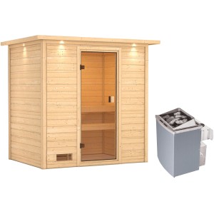 Woodfeeling Sauna Selena mit 9 kW Ofen und LED-Dachkranz. Massivholzsauna mit Glastür und zwei Bänken.