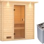 Woodfeeling Sauna Selena mit 9 kW Ofen und LED-Dachkranz. Massivholzsauna mit Glastür und zwei Bänken.