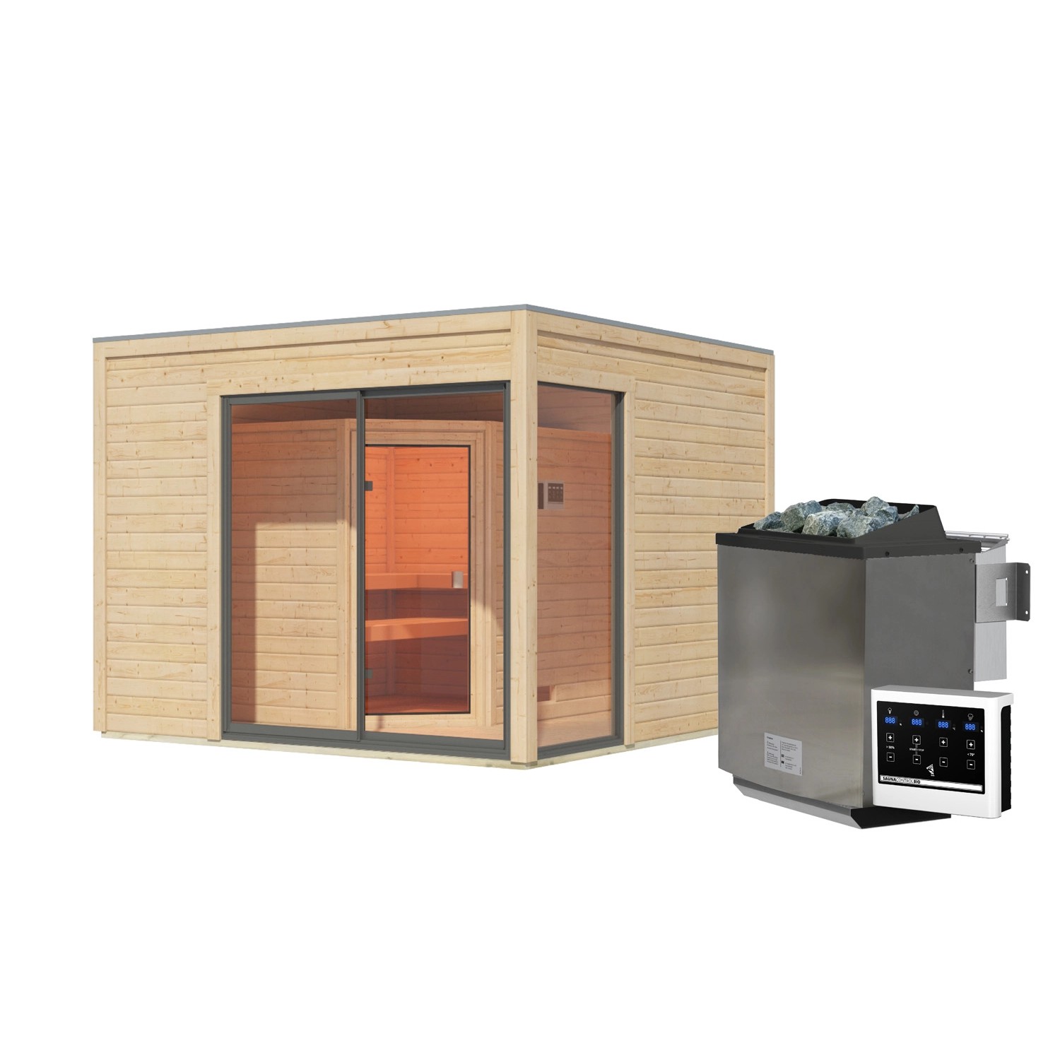 Karibu Saunahaus Cubulis 1 Var. B Naturbelassen mit Ofen 9 kW Bio ext. Steu günstig online kaufen