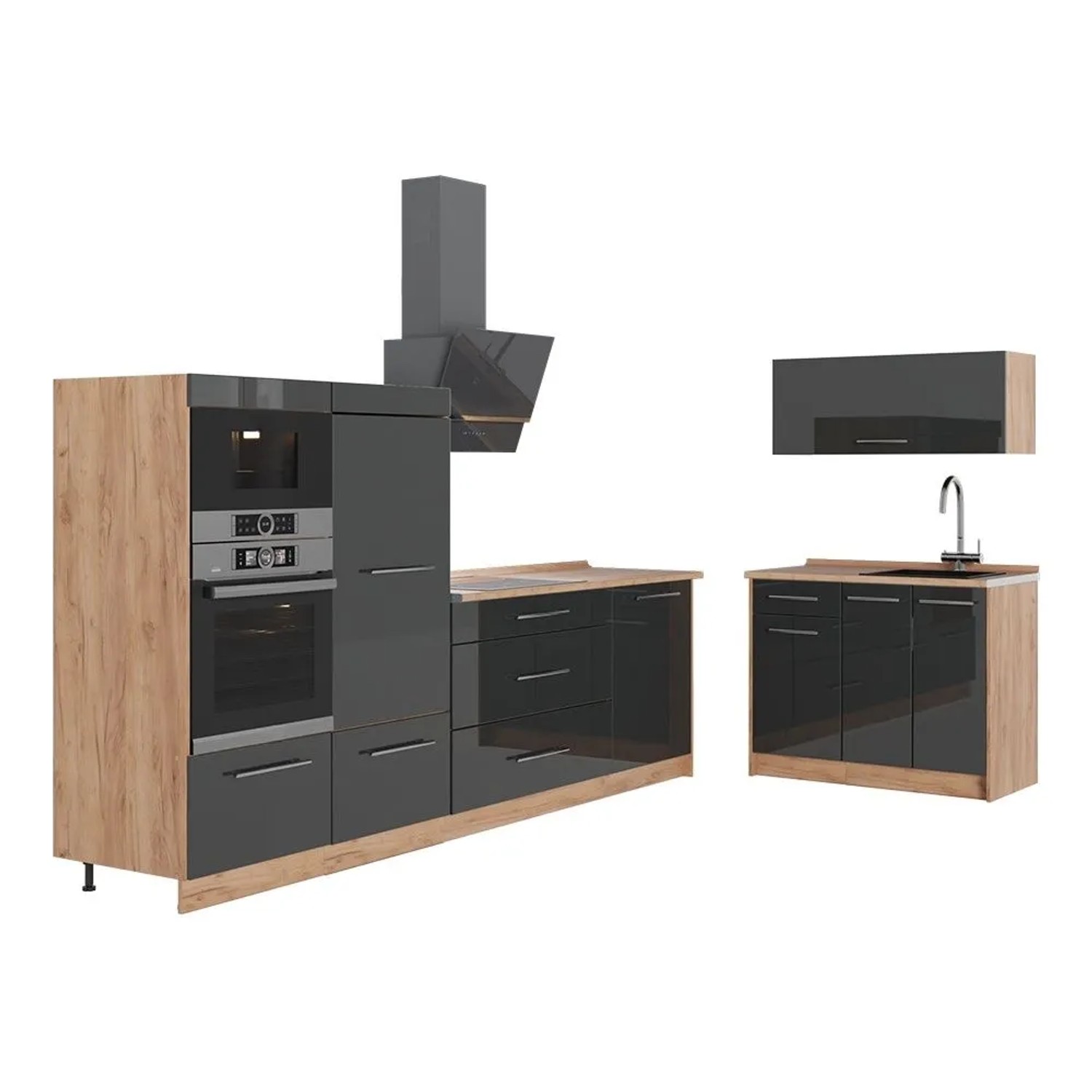 Vicco Küchenzeile Fame-Line Anthrazit Hochglanz/Goldkraft Eiche 380 x 154 AP Eiche Art Nr 64089