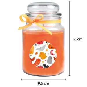 Orangefarbene Duftkerze im Glas mit Halloween-Motiv und Schleife, Brenndauer bis zu 30 Stunden.