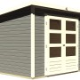 Karibu Holz-Gartenhaus Sitten 3, terragrau, mit Doppeltür und Fenstern.
